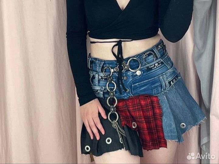 Кастом джинсовая мини юбка y2k grunge patchwork