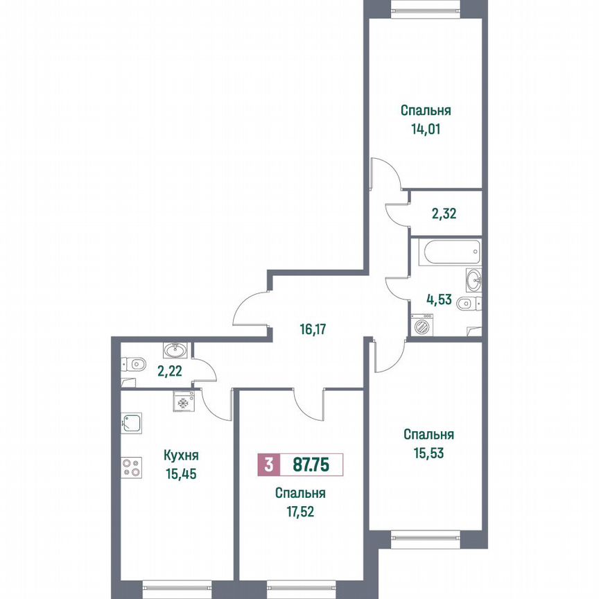 3-к. квартира, 87,8 м², 1/16 эт.