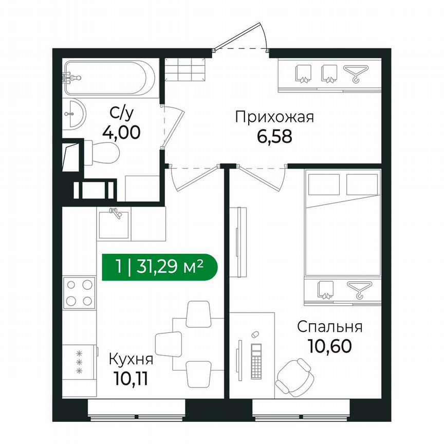 1-к. квартира, 31,3 м², 1/8 эт.