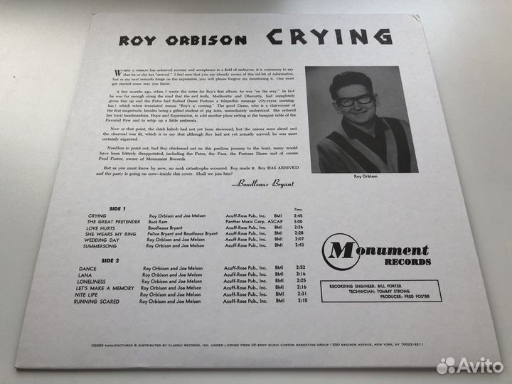 LP Roy Orbison Crying винил Classic Records 2003