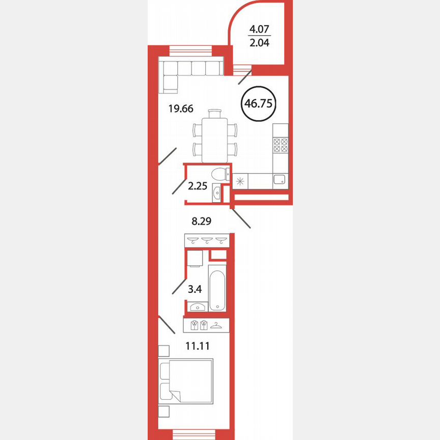 1-к. квартира, 46,8 м², 2/12 эт.