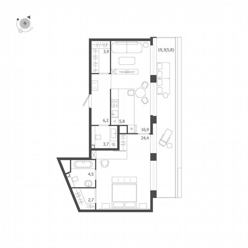 1-к. квартира, 73,9 м², 9/9 эт.
