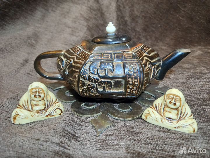 Старинный китайский чайник 19 в, резьба кость рог