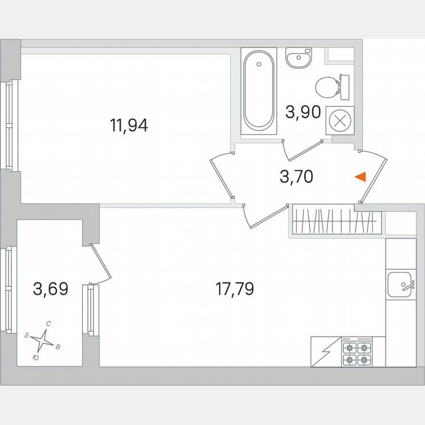 1-к. квартира, 39,2 м², 1/4 эт.