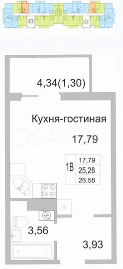 Квартира-студия, 26,6 м², 8/9 эт.