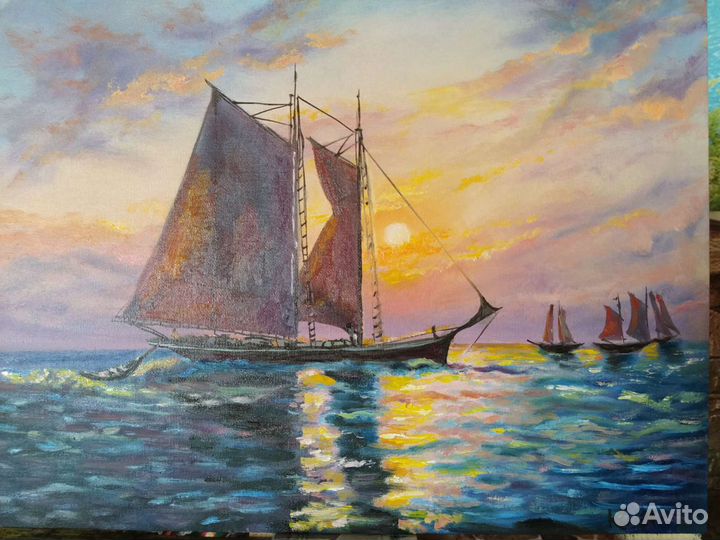 Картина маслом парусник закат пейзаж