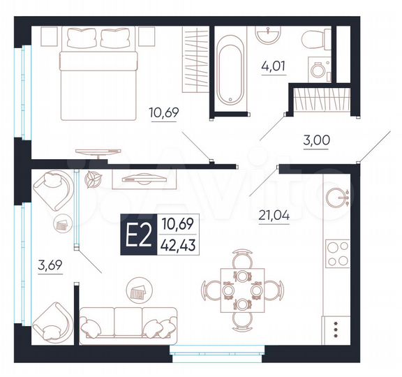 2-к. квартира, 42,4 м², 17/25 эт.