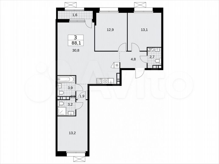 3-к. квартира, 88,1 м², 6/8 эт.