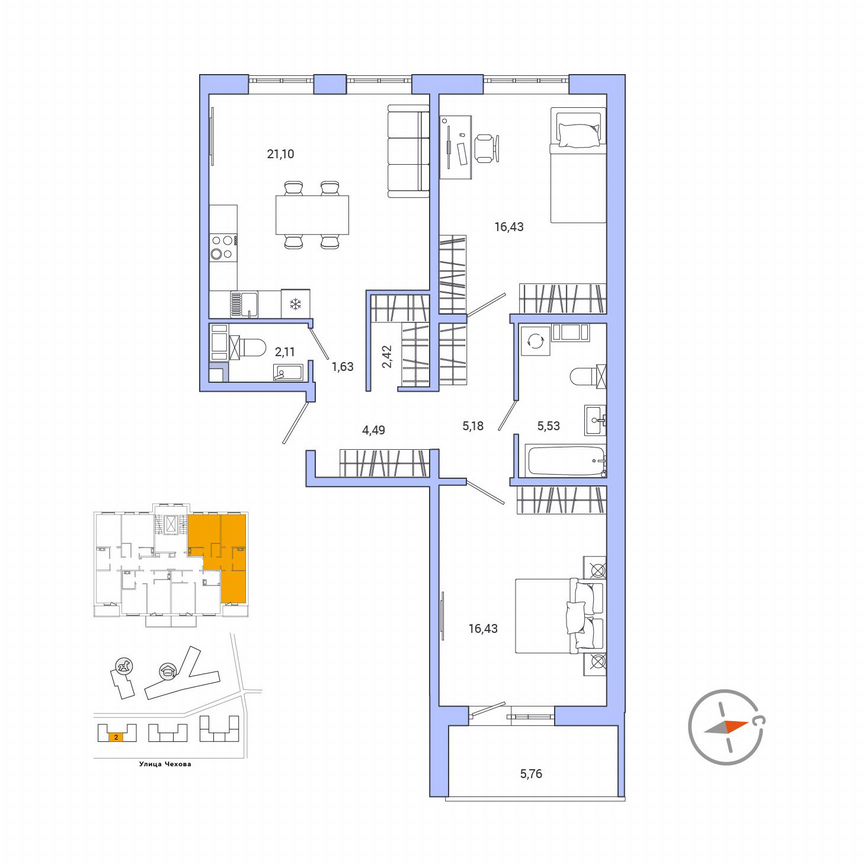 2-к. квартира, 78,2 м², 9/9 эт.