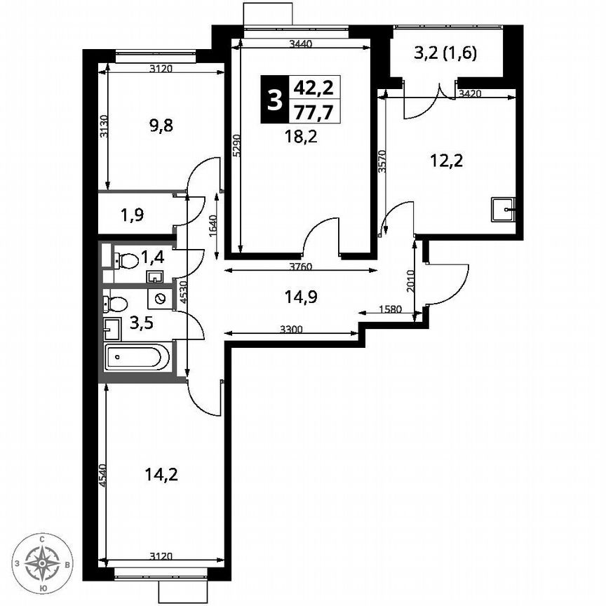 3-к. квартира, 77,7 м², 8/9 эт.