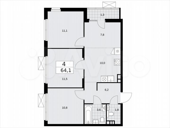 4-к. квартира, 64,1 м², 9/15 эт.