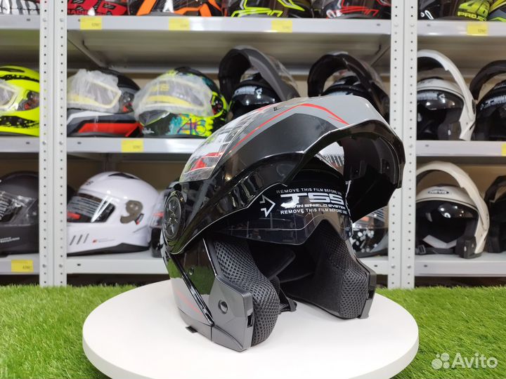 Мотошлем-модуляр. Черный глянцевый с красным