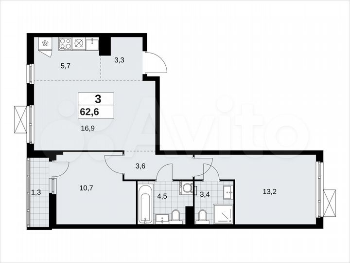 3-к. квартира, 62,6 м², 9/13 эт.