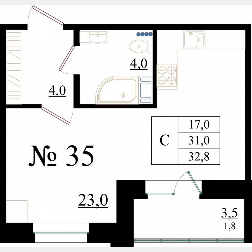 Квартира-студия, 32,8 м², 5/8 эт.