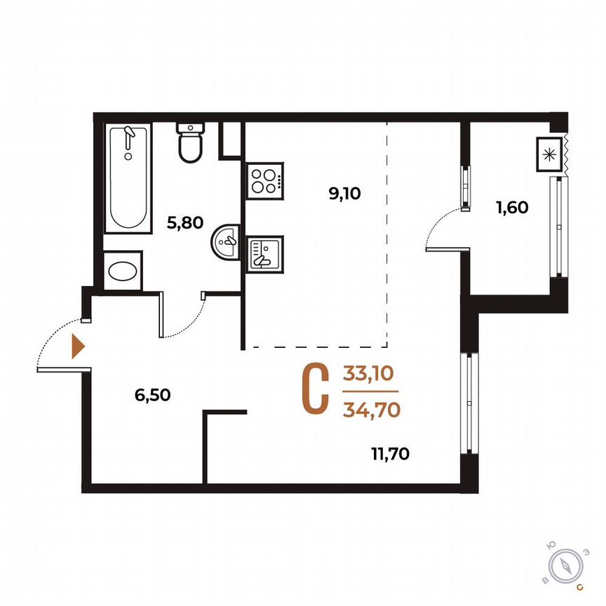 Квартира-студия, 34,7 м², 2/8 эт.