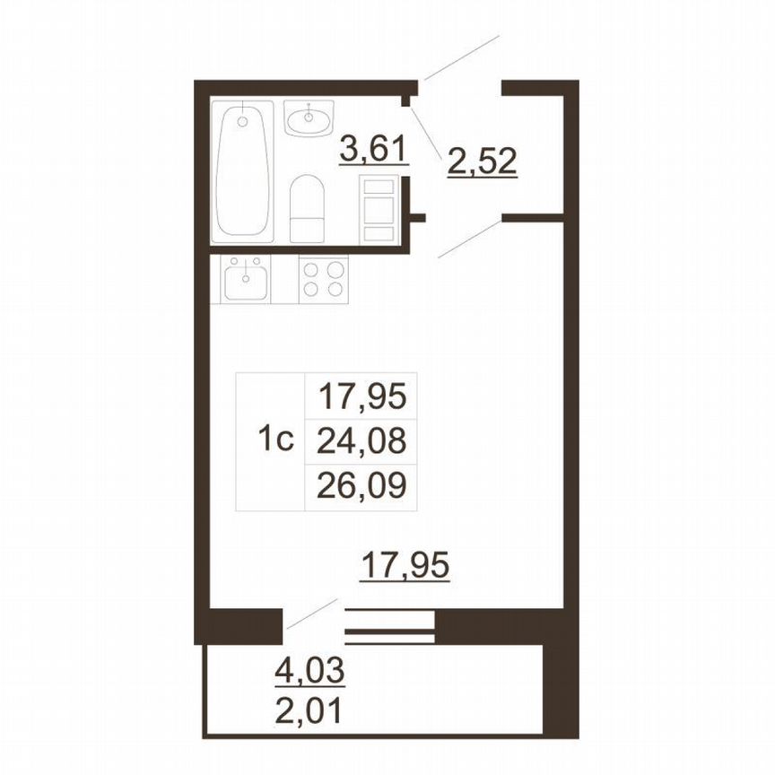 Квартира-студия, 26,1 м², 6/6 эт.
