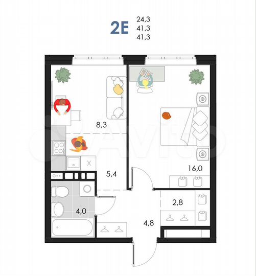 2-к. квартира, 41,3 м², 4/6 эт.