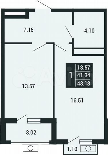 1-к. квартира, 43,2 м², 3/4 эт.