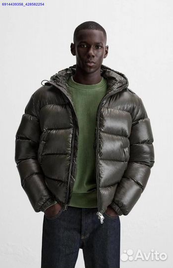 Пуховик Zara x Moncler Глянцевый Хаки (Арт.59879)