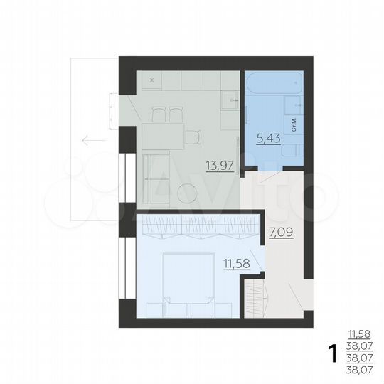 1-к. квартира, 38,1 м², 3/6 эт.