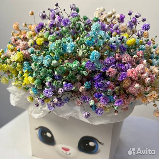 Разноцветная гипсофила в коробке Зайка