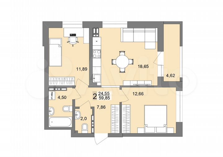 2-к. квартира, 59,2 м², 24/26 эт.