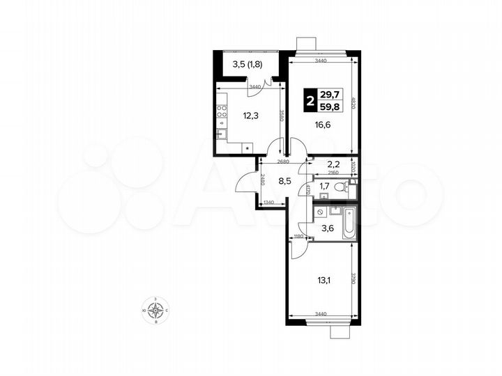 2-к. квартира, 59,8 м², 13/15 эт.