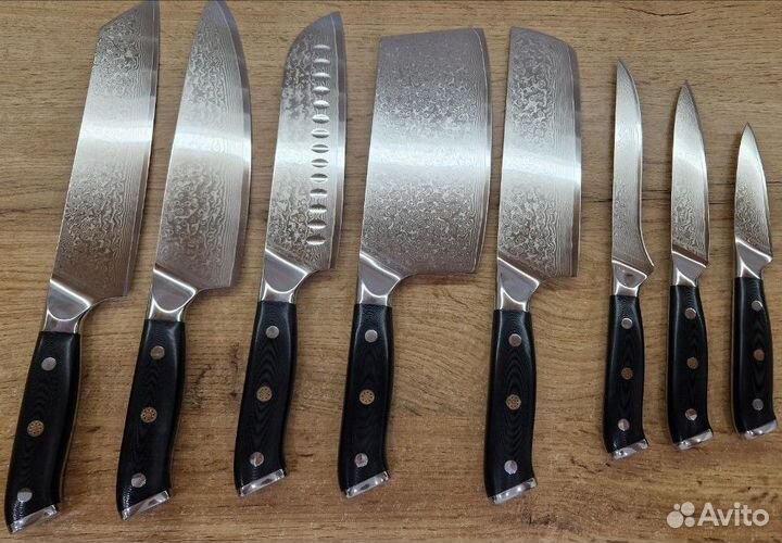 Кухонные ножи дамасские (набор 8 штук + точилка)