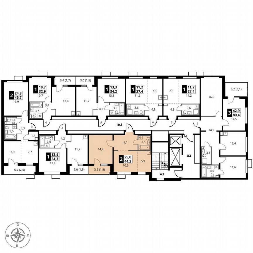 2-к. квартира, 44,3 м², 2/25 эт.
