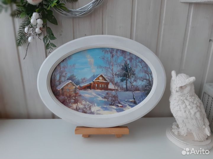 Картина зимний пейзаж с домиком