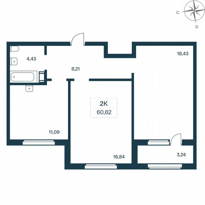 2-к. квартира, 60,6 м², 1/9 эт.