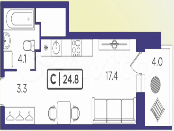 Квартира-студия, 24,4 м², 23/24 эт.