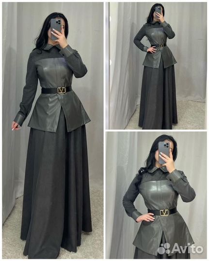 Платье длинное с экокожей