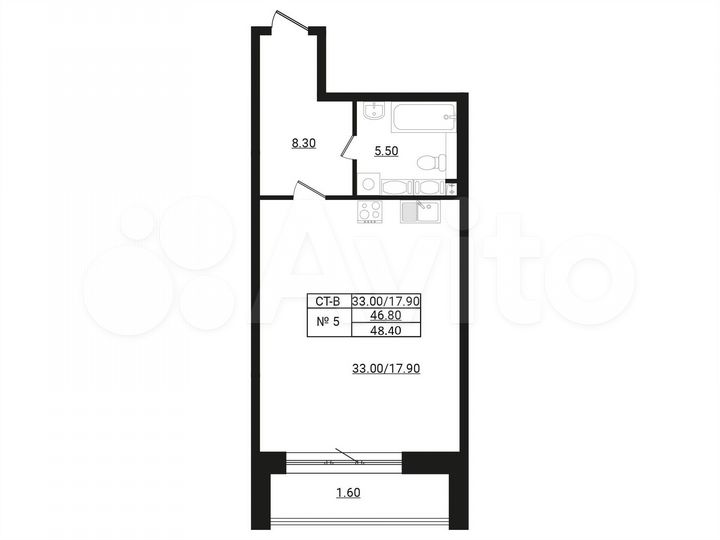 1-к. квартира, 48,4 м², 4/9 эт.