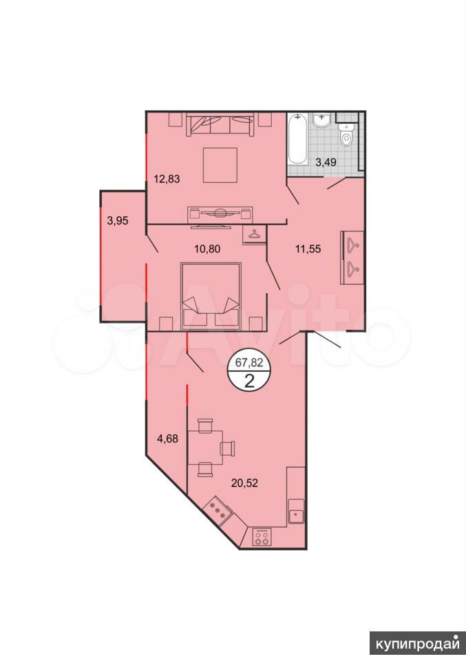 2-к. квартира, 68 м², 9/9 эт.