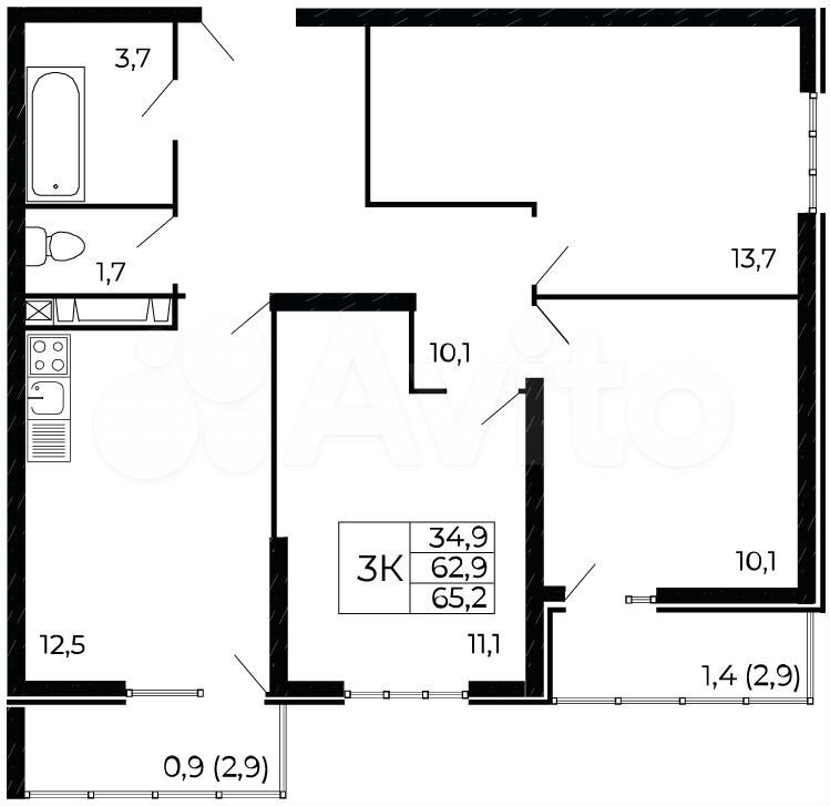 3-к. квартира, 65,2 м², 15/19 эт.