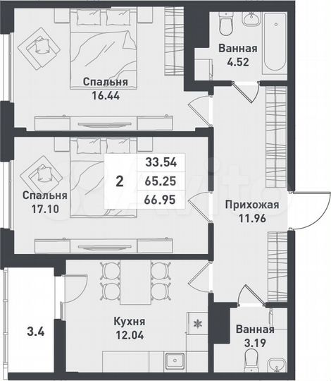 2-к. квартира, 67 м², 5/11 эт.