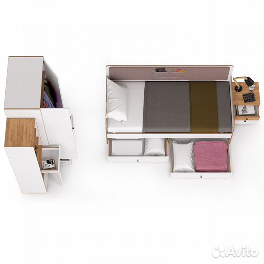 Вуди кровать, тумба, пенал и шкаф для одежды компоновка № 40, цвет белый премиум/дуб крафт золотой/с