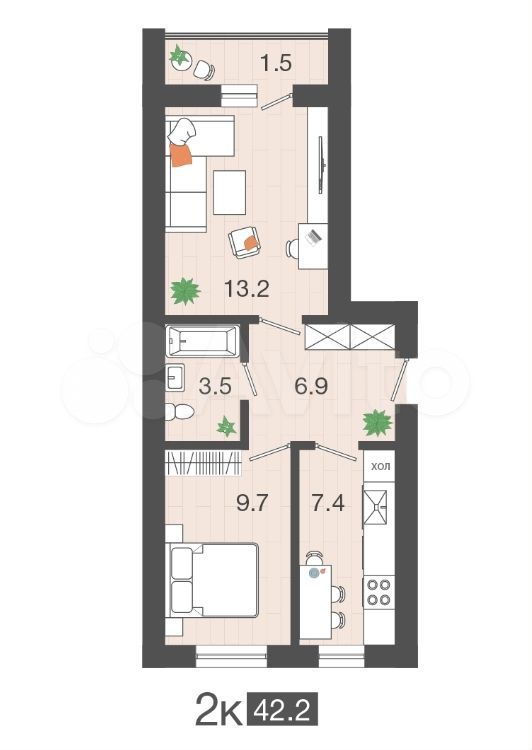 2-к. квартира, 42,2 м², 2/4 эт.