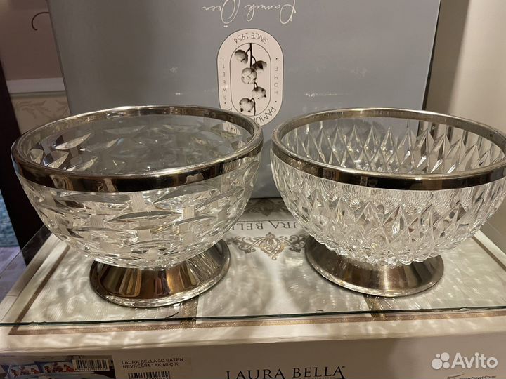 Хрустальная салатница с мельхиоровым ободком СССР