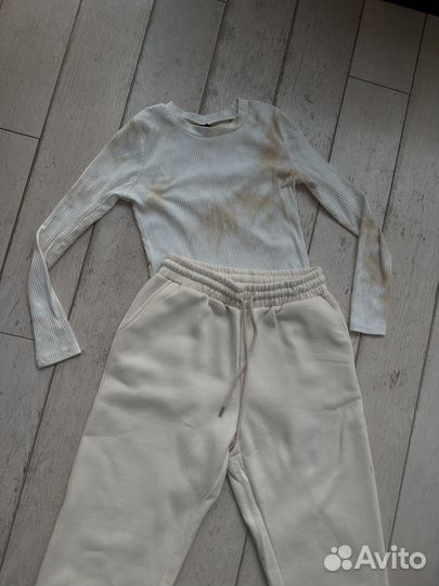 Штаны молочные, бежевые высокая талия.спортивные