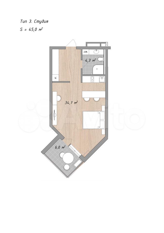 Апартаменты-студия, 45 м², 2/4 эт.