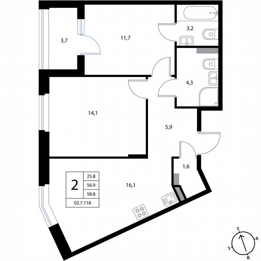 2-к. квартира, 58,8 м², 2/3 эт.