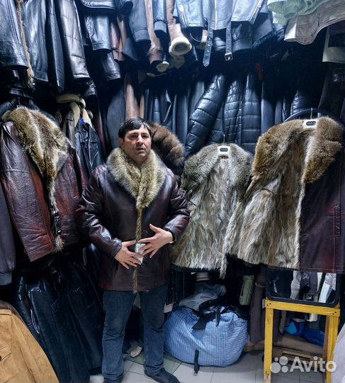 Мужская кожаная дублонка целиковая волк меха