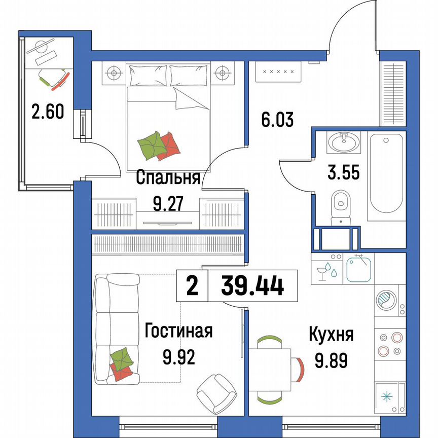 2-к. квартира, 39,4 м², 6/16 эт.