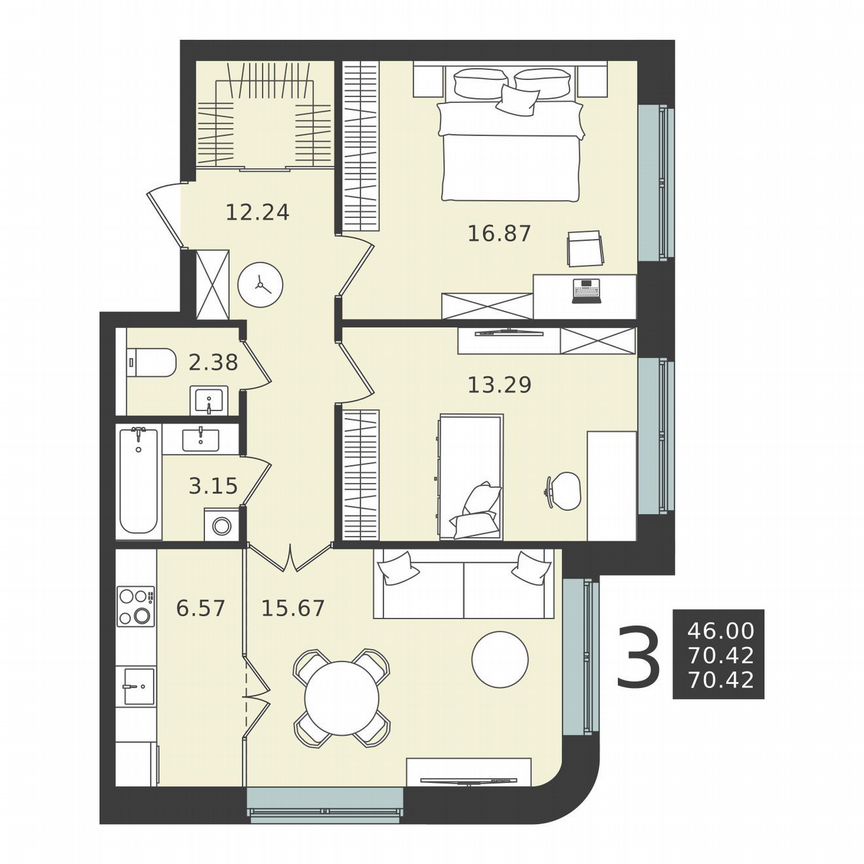 2-к. квартира, 70,4 м², 1/6 эт.