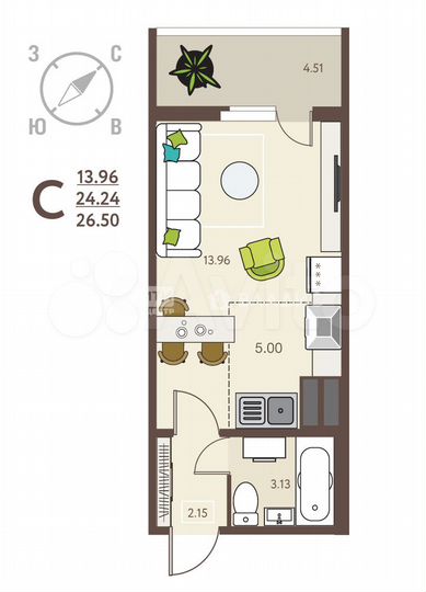 Квартира-студия, 26,5 м², 13/17 эт.
