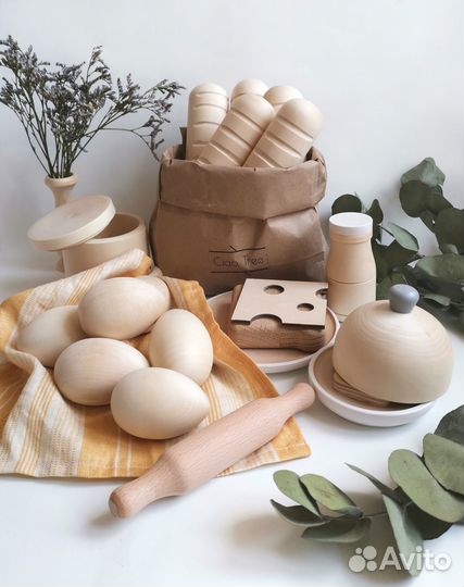 Деревянная посуда и еда, игрушки для детской кухни