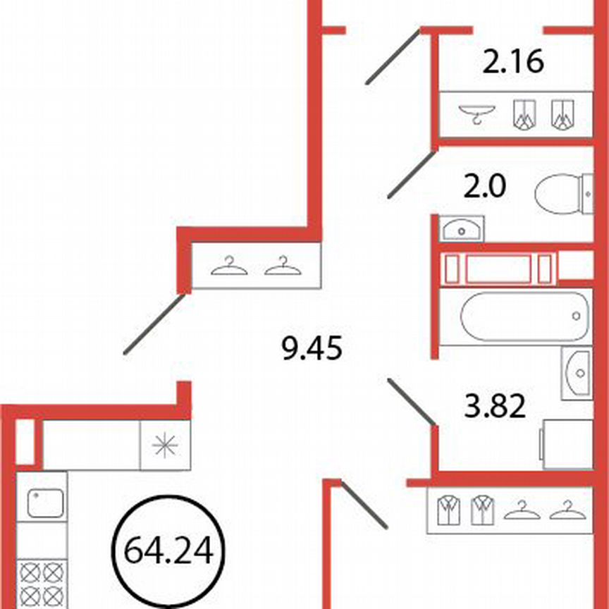 2-к. квартира, 64,2 м², 6/12 эт.