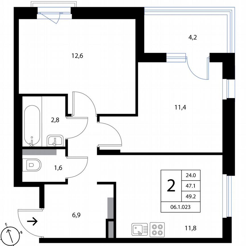 2-к. квартира, 49,2 м², 3/3 эт.